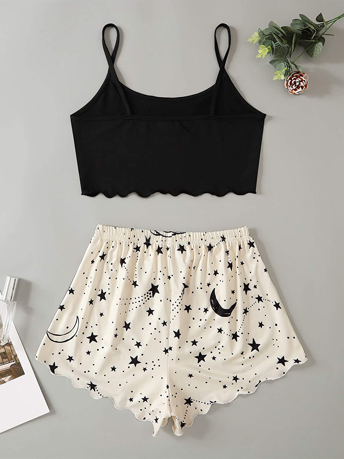 SOLY HUX Women'S Cartoon Print Lettuce Trim Cami Top and Shorts Cute Pajama Set Sleepwear Apparel & Accessories > Clothing > Sleepwear & Loungewear Kylie Max   