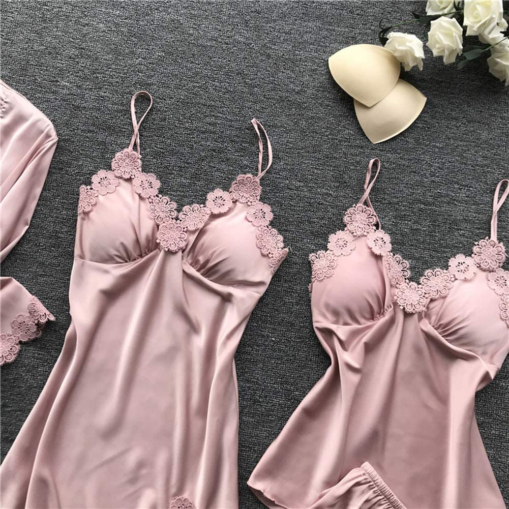 SAPJON Women'S 4Pcs Silk Satin Pajama Set Sexy Cami Top Nightgown Lace Sleepwear Robe Sets Nightdress with Chest Pads Apparel & Accessories > Clothing > Sleepwear & Loungewear Kylie Max   