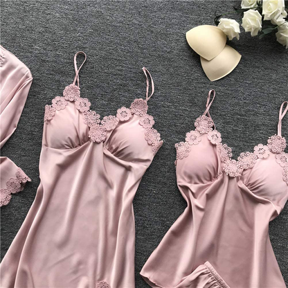 SAPJON Women'S 4Pcs Silk Satin Pajama Set Sexy Cami Top Nightgown Lace Sleepwear Robe Sets Nightdress with Chest Pads Apparel & Accessories > Clothing > Sleepwear & Loungewear Kylie Max   