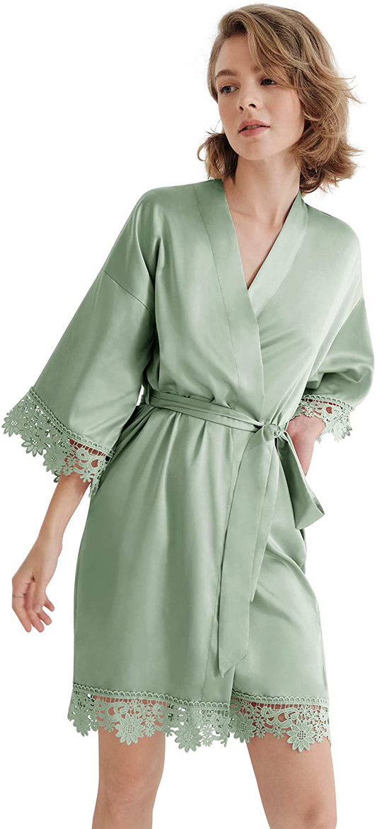 SIORO Women'S Satin Robe Lace Silk Kimono Robes Short for Bridesmaid Wedding Party Nightgown, Small~X-Large Apparel & Accessories > Clothing > Sleepwear & Loungewear > Robes KYLIE MAX Sage Green Medium 
