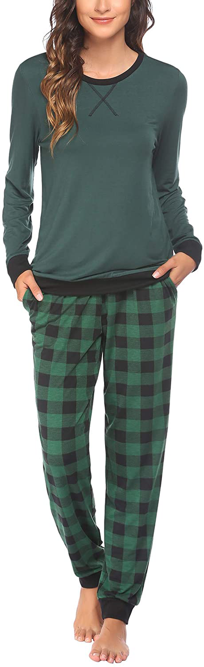 Ekouaer Women's Pajamas Sets Long Sleeve with Plaid Pants Soft Sleepwear O Neck 2 Piece Pjs Joggers Loung Set with Pockets Apparel & Accessories > Clothing > Sleepwear & Loungewear > Pajamas Ekouaer Pat14 Small 