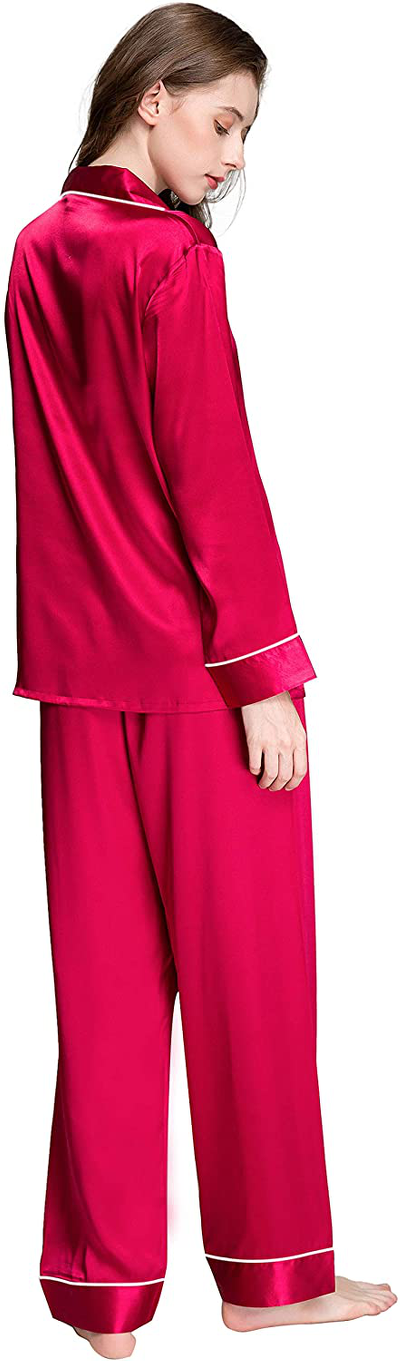 LONXU Womens Silk Satin Pajamas Set Button Down Sleepwear Loungewear XS~3XL Apparel & Accessories > Clothing > Sleepwear & Loungewear > Pajamas Lonxu Red X-Large 