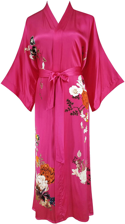 Ledamon Women'S 100% Silk Kimono Long Robe - Classic Colors and Prints Apparel & Accessories > Clothing > Sleepwear & Loungewear > Robes Ledamon Rose Red-a  