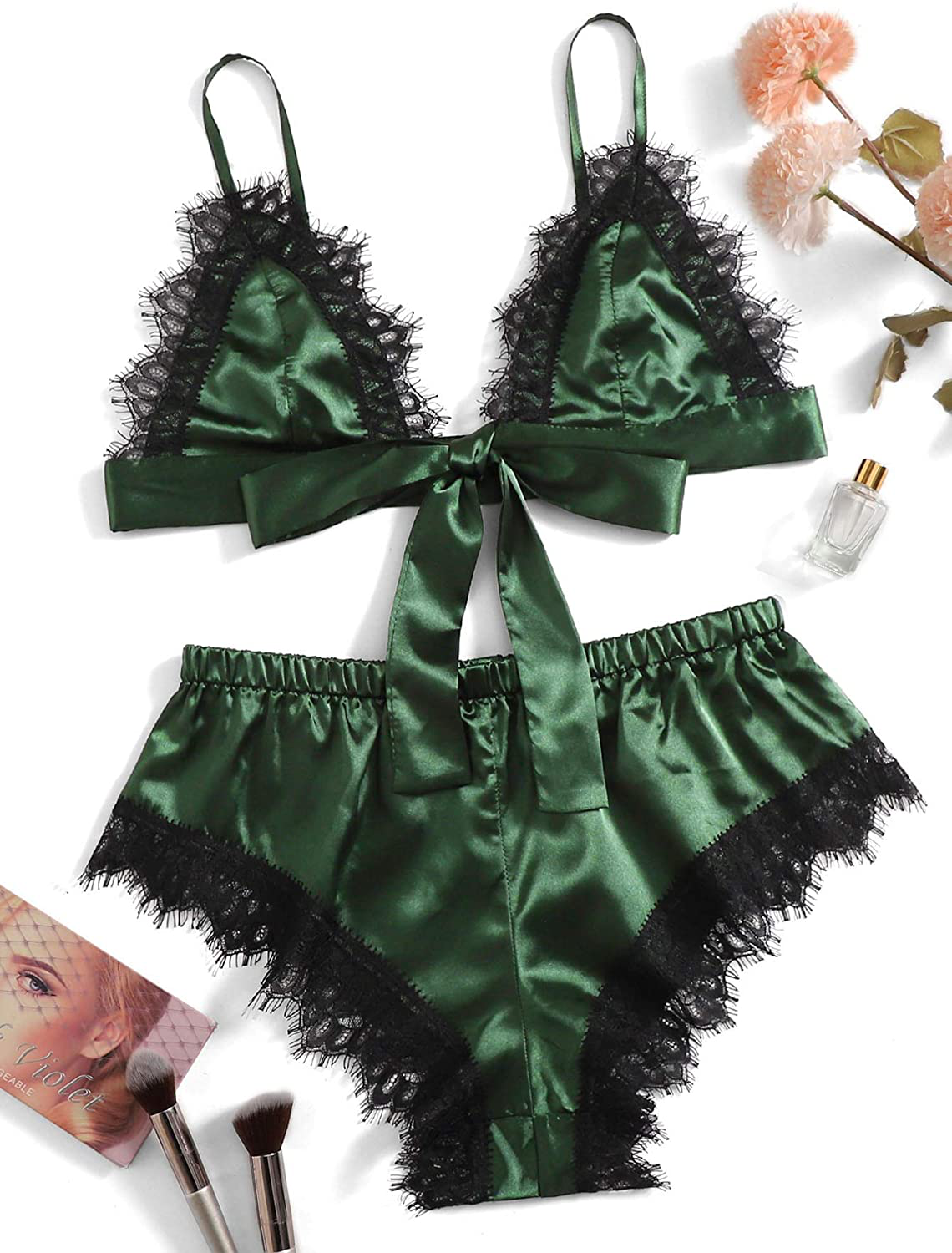 Sweatyrocks Women'S Lace Trim Underwear Lingerie Straps Bralette and Panty Set Apparel & Accessories > Clothing > Sleepwear & Loungewear Kylie Max   