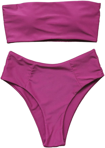 OMKAGI Women's 2 Pieces Bandeau Bikini Swimsuits Off Shoulder High Waist Bathing Suit High Cut Apparel & Accessories > Clothing > Swimwear OMKAGI 3-wine Red Large 