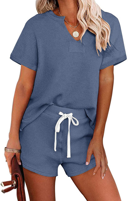 MEROKEETY Women's Long Sleeve Pajama Set Henley Knit Tops and Shorts Sleepwear Loungewear Apparel & Accessories > Clothing > Sleepwear & Loungewear > Pajamas MEROKEETY B-shortblue Medium 