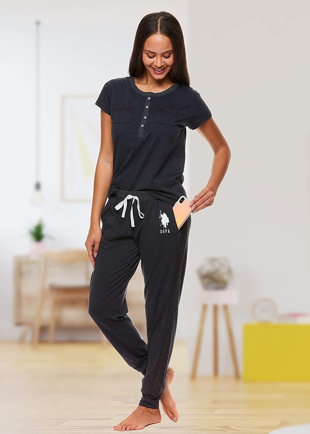 U.S. Polo Assn. Womens Pajama Set with Pockets - Short Sleeve Shirt and Pajama Pants Pj Set Apparel & Accessories > Clothing > Sleepwear & Loungewear > Pajamas U.S. Polo Assn.   