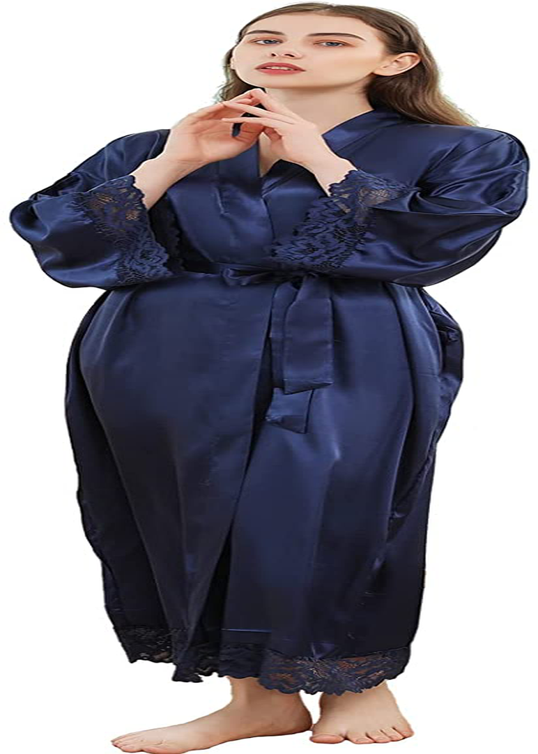 Asvioya Lace Kimono Robe for Women, Silk Robe, Satin Long Robe for Wedding, Night Gown for Ladies Women Bridal Loung Apparel & Accessories > Clothing > Sleepwear & Loungewear > Robes Asvioya Navy Blue  
