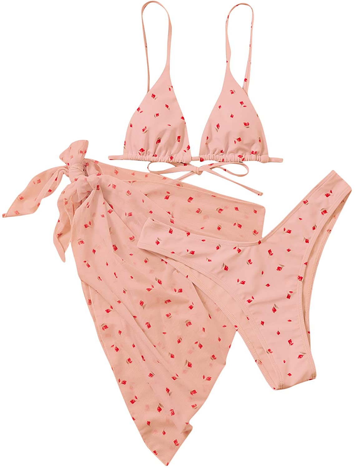 SOLY HUX Women's Wrap Triangle Bikini Bathing Suits with Mesh Beach Skirt 3 Piece Swimsuits Apparel & Accessories > Clothing > Swimwear KYLIE MAX Pink Flower Floral Medium 