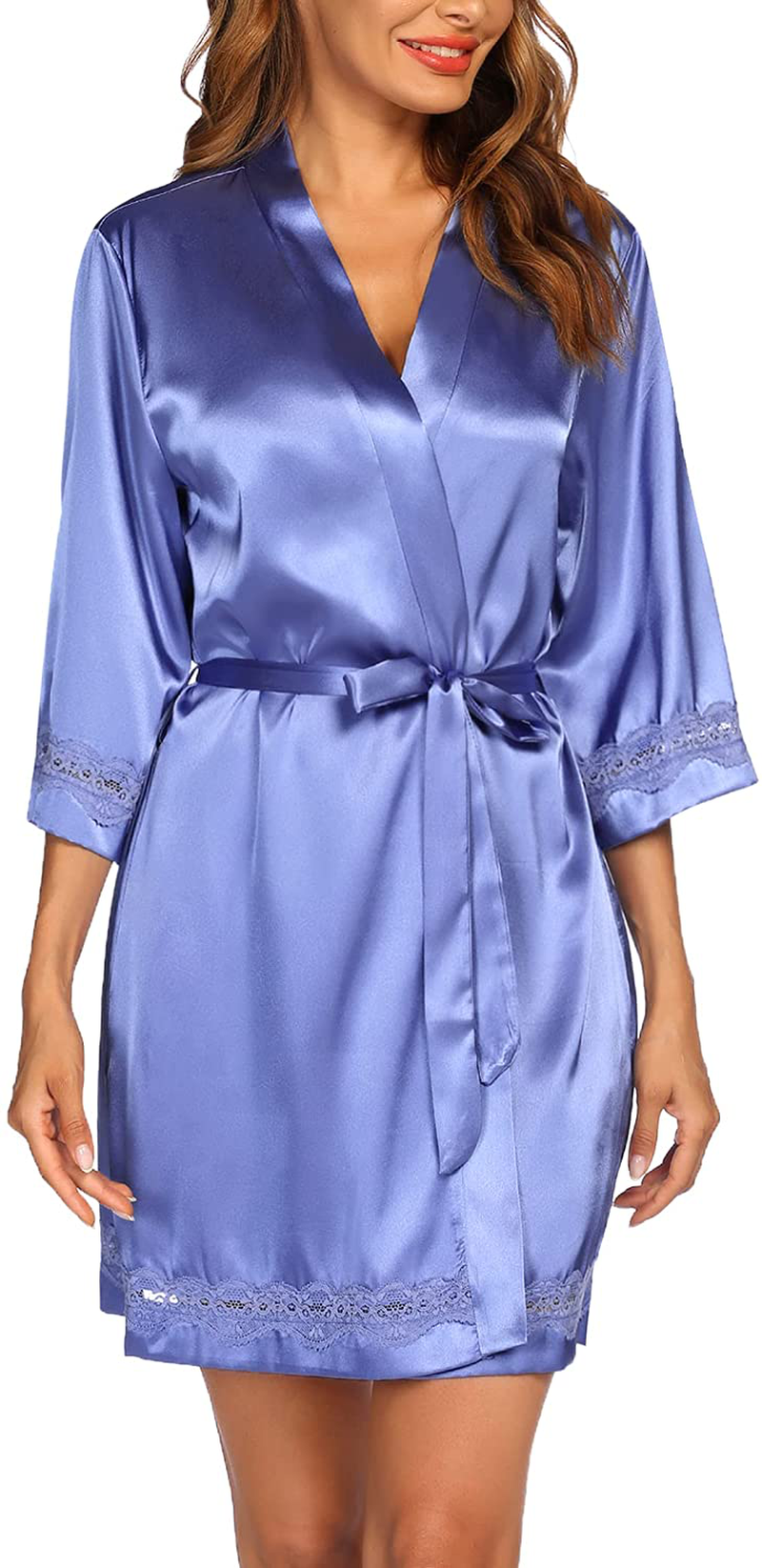 Ekouaer Women'S Lace-Trim Kimono Style Short Satin Robe Sleepwear with 3/4 Sleeve Apparel & Accessories > Clothing > Sleepwear & Loungewear > Robes Kylie Max   