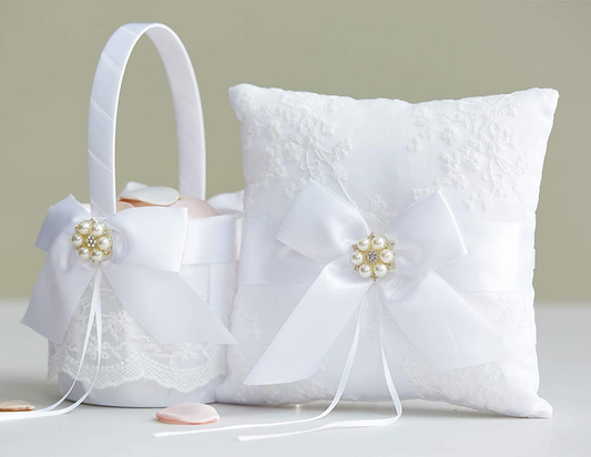 ATAILOVE Wedding Flower Girl Basket and Ring Bearer Pillow Set, Satin Bow Lace Rhinestone Collection (White) Apparel & Accessories > Clothing > Underwear & Socks > Lingerie ATAILOVE   