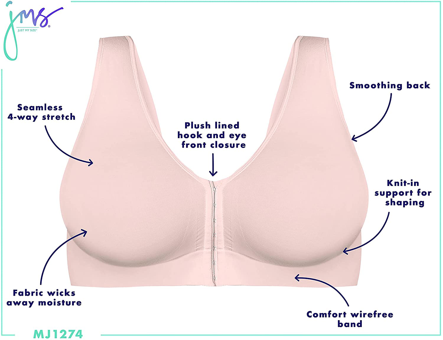 JUST MY SIZE Women'S Pure Comfort Front Close Wirefree Bra MJ1274 Apparel & Accessories > Clothing > Underwear & Socks > Bras Kylie Max   
