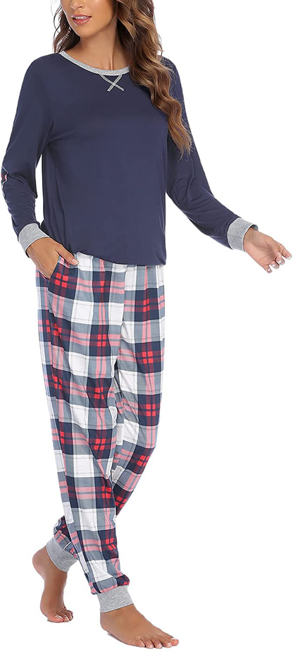 Ekouaer Women's Pajamas Sets Long Sleeve with Plaid Pants Soft Sleepwear O Neck 2 Piece Pjs Joggers Loung Set with Pockets Apparel & Accessories > Clothing > Sleepwear & Loungewear > Pajamas Ekouaer   