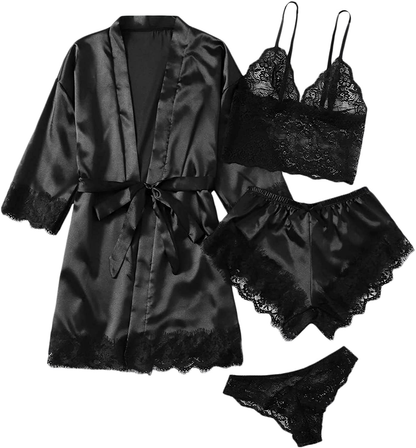 WDIRARA Women'S 4 Pieces Satin Floral Lace Cami Top Lingerie Pajama Set with Robe Apparel & Accessories > Clothing > Underwear & Socks > Lingerie WDIRARA Black a Large 
