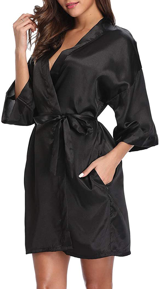 VOGMATE Women'S Floral Satin Short Robe for Bridesmaid Bride Silk Kimono Robe Dressing Gown for Wedding Party Apparel & Accessories > Clothing > Sleepwear & Loungewear > Robes VOGMATE Pure Color-black Medium 