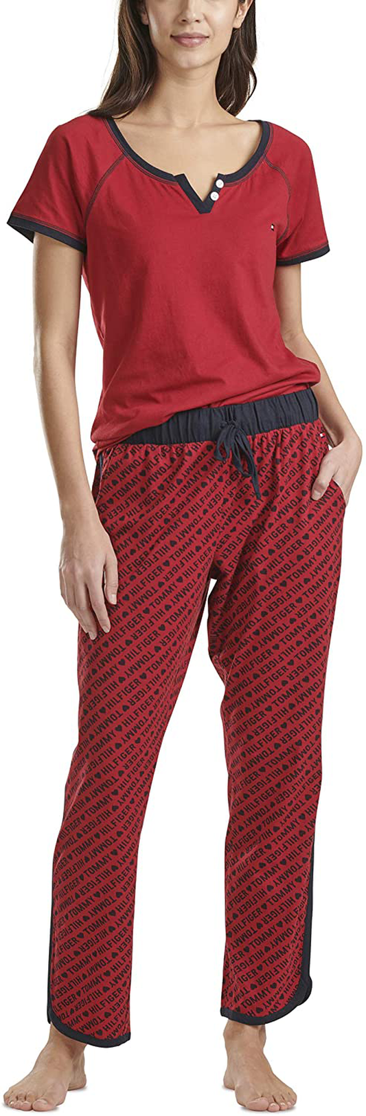 Tommy Hilfiger Women's Short Sleeve Tshirt and Logo Pant Lounge Bottom Pajama Set Pj Apparel & Accessories > Clothing > Sleepwear & Loungewear > Pajamas Tommy Hilfiger Chili Pepper Tommy Heart Diagonal X-Small 