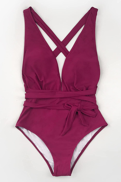 CUPSHE Women’S One Piece Swimsuit Sexy Deep V Neck Solid Red Bathing Suit Apparel & Accessories > Clothing > Swimwear Kylie Max   