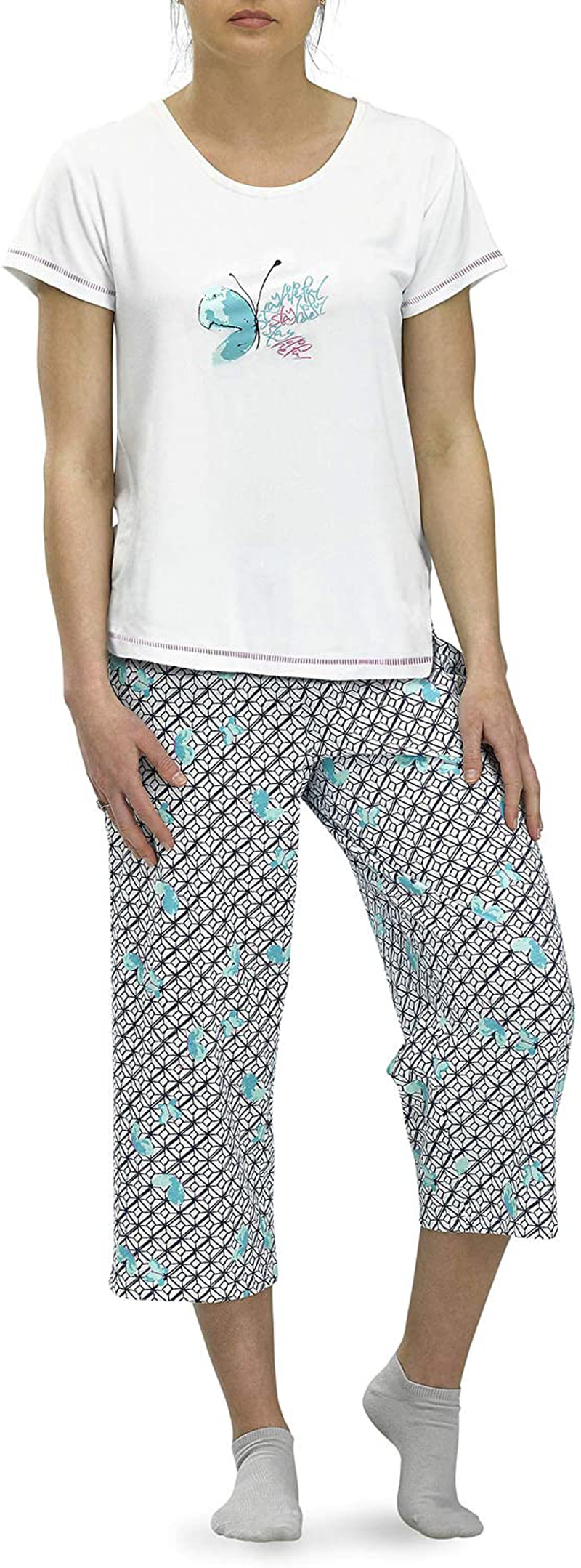 Hue Printed Knit Short Sleeve Tee and Capri 2 Piece Pajama Set Sleepwear Apparel & Accessories > Clothing > Sleepwear & Loungewear > Pajamas HUE White - Stay Hopeful Medium 