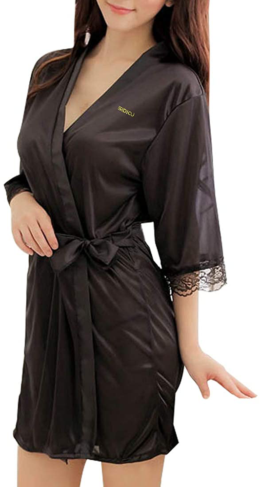 Sidiou Group Women Dressing Nightgown Kimono Robe Lace Nightwear Sexy Sleepwear Apparel & Accessories > Clothing > Sleepwear & Loungewear > Robes Sidiou Group Style 1-black Small 