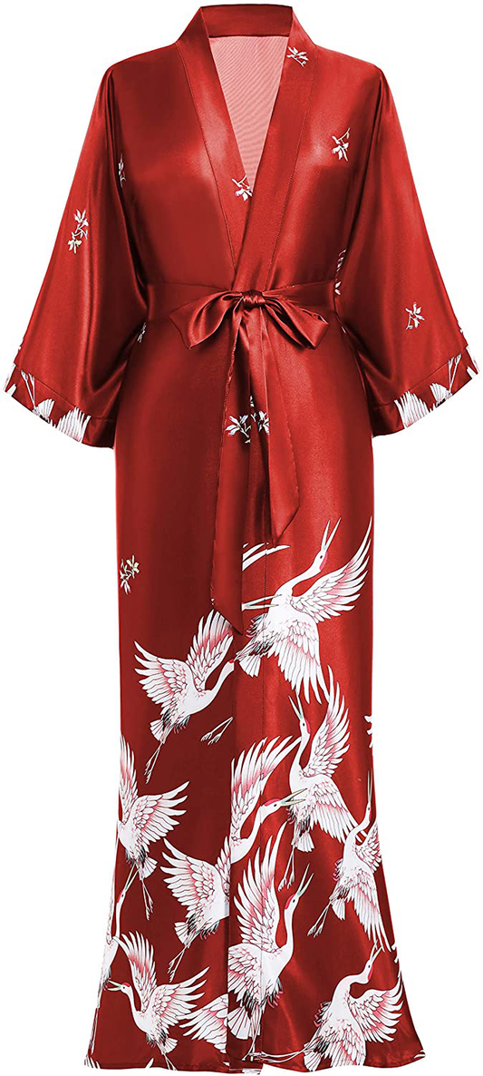 PRODESIGN Long Kimono Robe Satin Sleepwear Blouse Silky Bathrobe Nightgown Floral Crane Kimono Cardigan Cover Up Apparel & Accessories > Clothing > Sleepwear & Loungewear > Robes KYLIE MAX Red  
