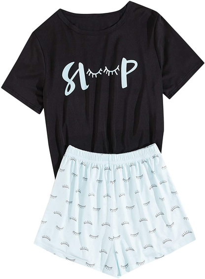 DIDK Women's Cute Cartoon Print Tee and Shorts Pajama Set Apparel & Accessories > Clothing > Sleepwear & Loungewear > Pajamas DIDK Black Letter Large 