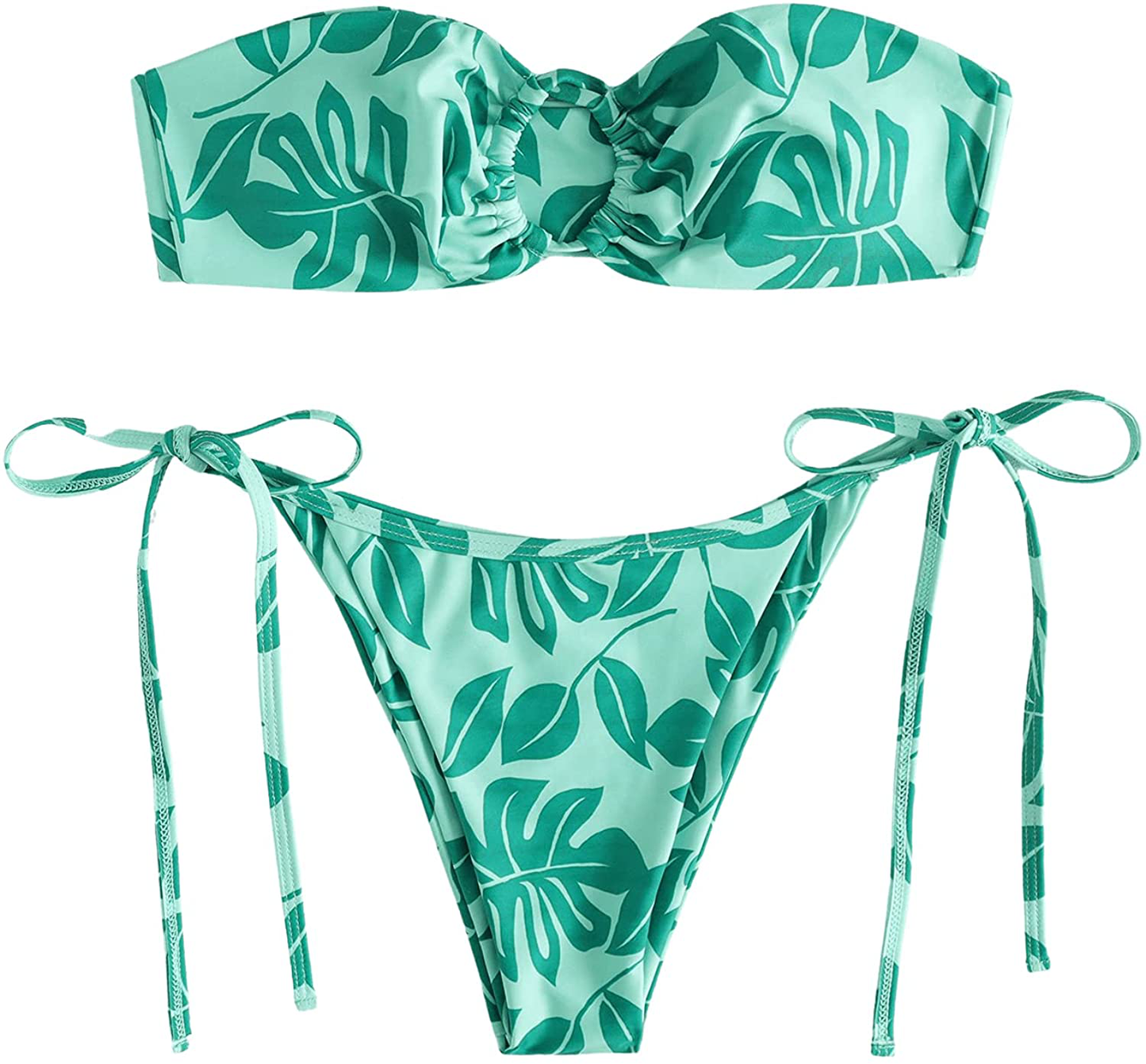 SOLY HUX Women's Floral Print Tie Front Bikini Bathing Suit 2 Piece Swimsuits Apparel & Accessories > Clothing > Swimwear KYLIE MAX Green Leaf Large 