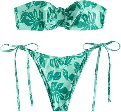 SOLY HUX Women's Floral Print Tie Front Bikini Bathing Suit 2 Piece Swimsuits Apparel & Accessories > Clothing > Swimwear KYLIE MAX Green Leaf Large 