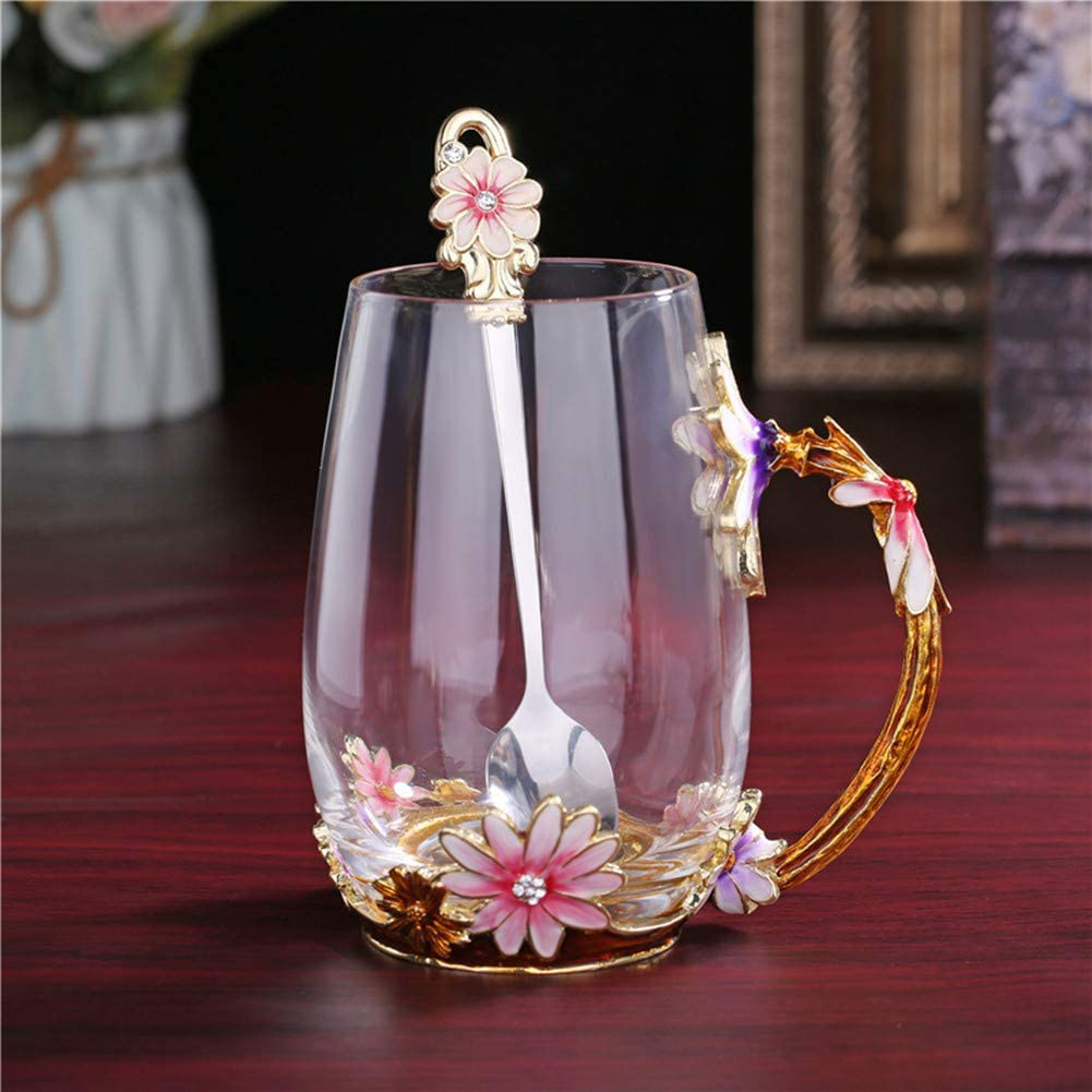 Luka Tech Enamels Butterfly flower Lead-free Glass Coffee Mugs Tea Cup with Steel Spoon, Best Birthday Gifts For Women Wife Mom Friends Mothers Valentines Day Christmas (Purple-Tall) Arts & Entertainment > Party & Celebration > Gift Giving Luka Tech   