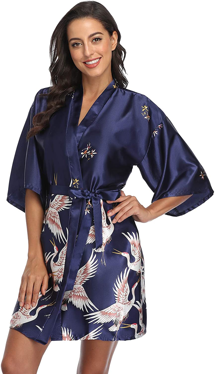 Original Kimono Women'S Floral Crane Kimono Robe Short Silky Sleepwear plus Size Satin Spa Party Dressing Gown Apparel & Accessories > Clothing > Sleepwear & Loungewear > Robes Original Kimono   