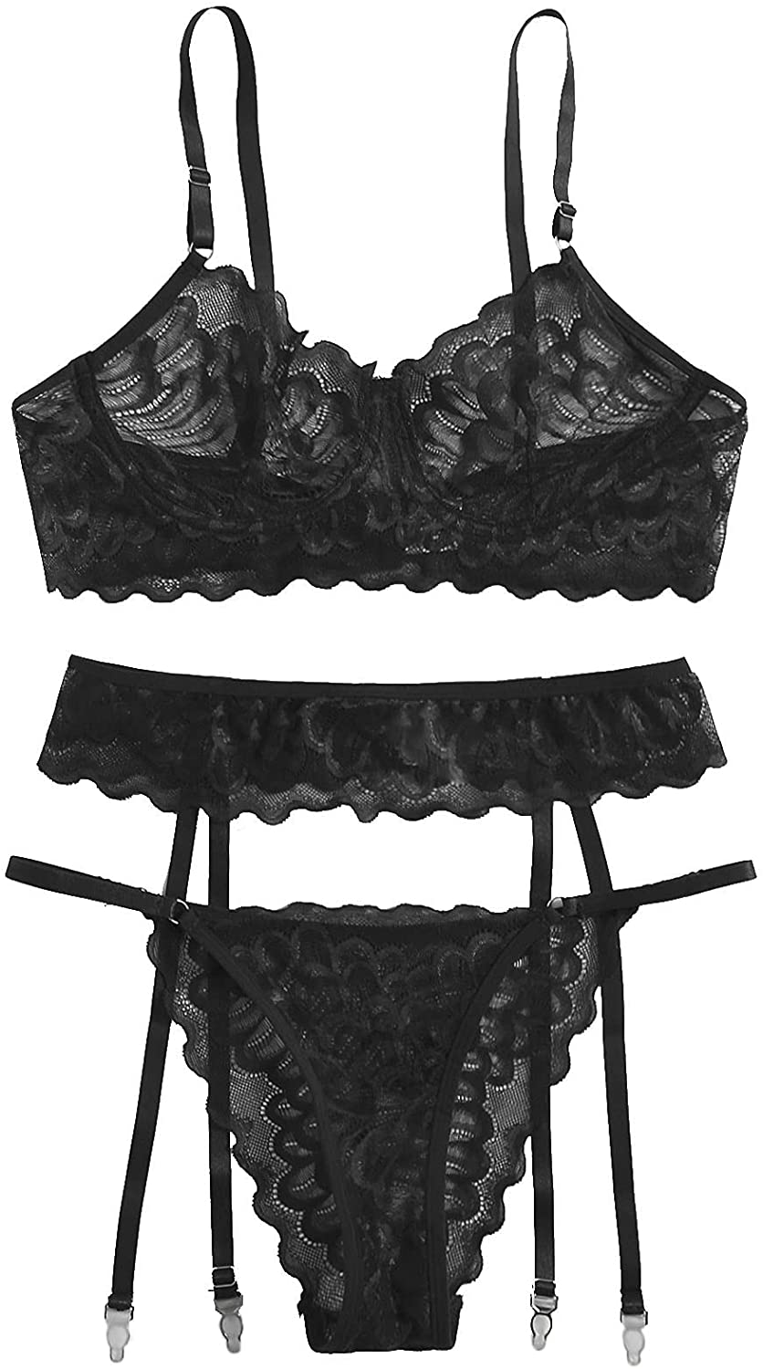 Shein Women'S 3 Piece Floral Lace Lingerie Set with Garter Belts Sexy Bra and Panty Apparel & Accessories > Clothing > Underwear & Socks > Lingerie SheIn Black Scalloped Small 