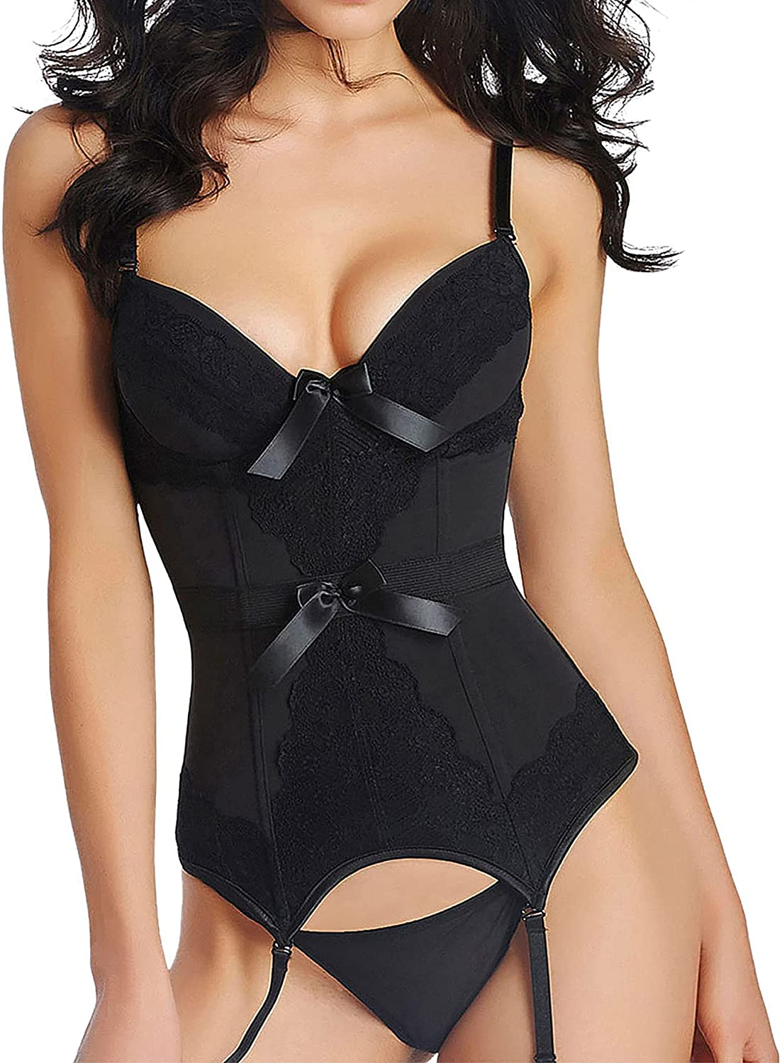 Topmelon Sexy Corset Lingerie for Women Lace Corset Bustier Garter Straps Overbust Corsette Boudoir Outfits Apparel & Accessories > Clothing > Underwear & Socks > Lingerie TOPMELON Black Medium 