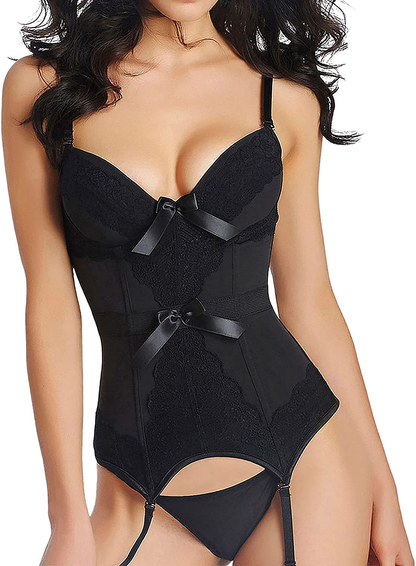 Topmelon Sexy Corset Lingerie for Women Lace Corset Bustier Garter Straps Overbust Corsette Boudoir Outfits Apparel & Accessories > Clothing > Underwear & Socks > Lingerie TOPMELON Black Medium 