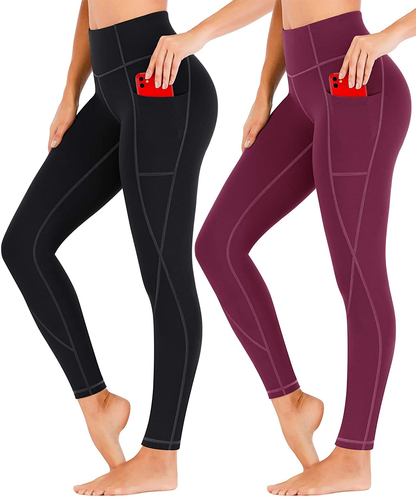 Heathyoga Yoga Pants for Women with Pockets High Waisted Leggings with Pockets for Women Workout Leggings for Women Apparel & Accessories > Clothing > Underwear & Socks > Shapewear KYLIE MAX 2 Pack Black&wine X-Small 