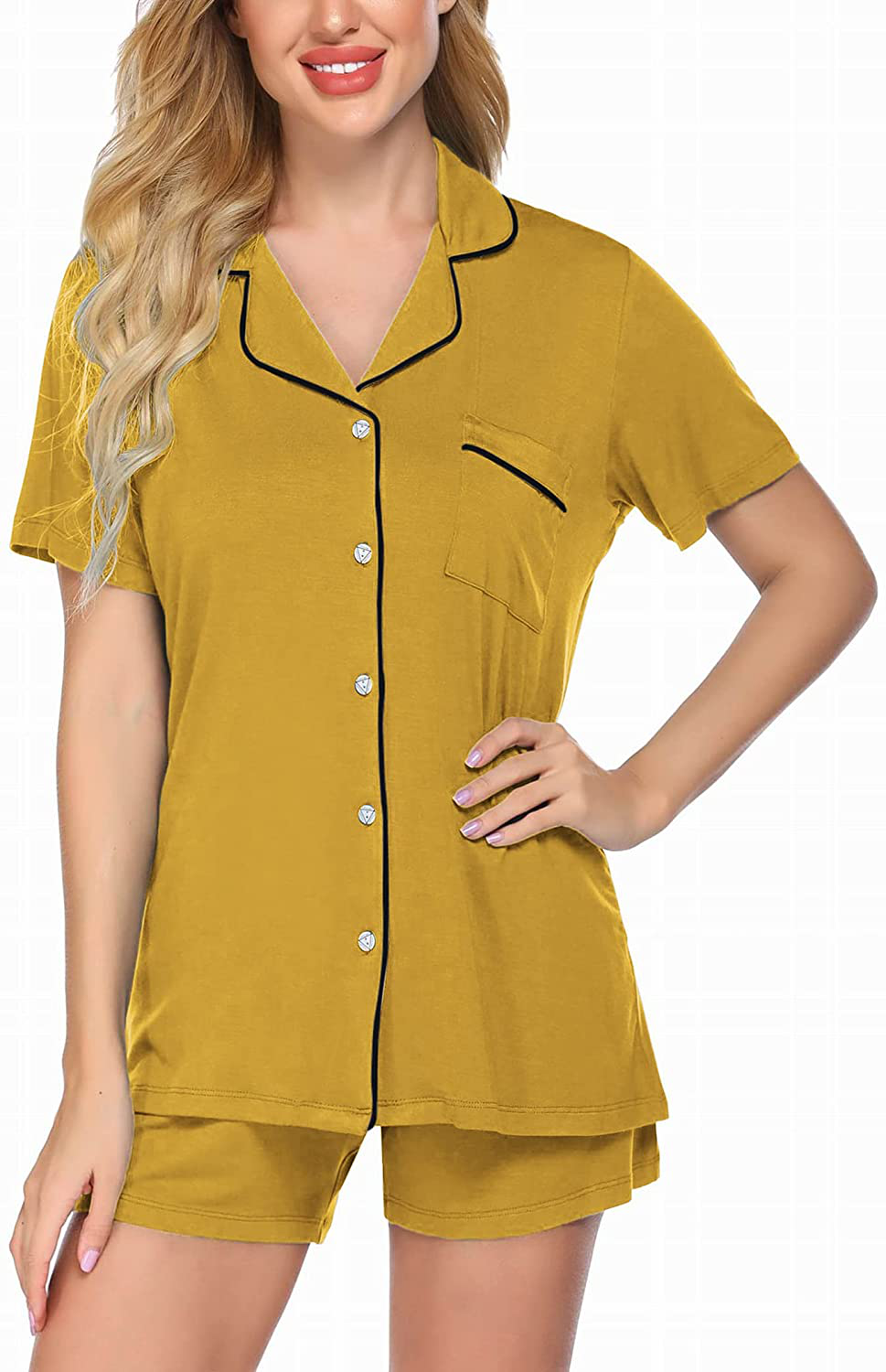 Ekouaer Pajamas Set Short Sleeve Sleepwear Womens Button Down Nightwear Soft Pj Lounge Sets XS-XXL Apparel & Accessories > Clothing > Sleepwear & Loungewear > Pajamas Ekouaer Yellow Medium 