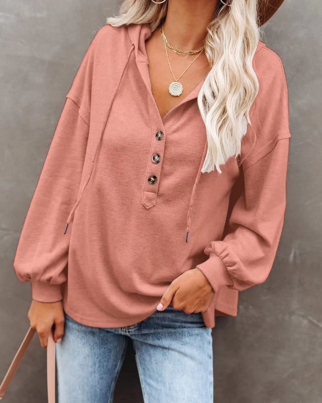 REVETRO Womens V Neck Long Sleeve Henley Shirts Button down Sweatshirts Hoodies Tunic Tops with Drawstring Apparel & Accessories > Clothing > Activewear Kylie Max   