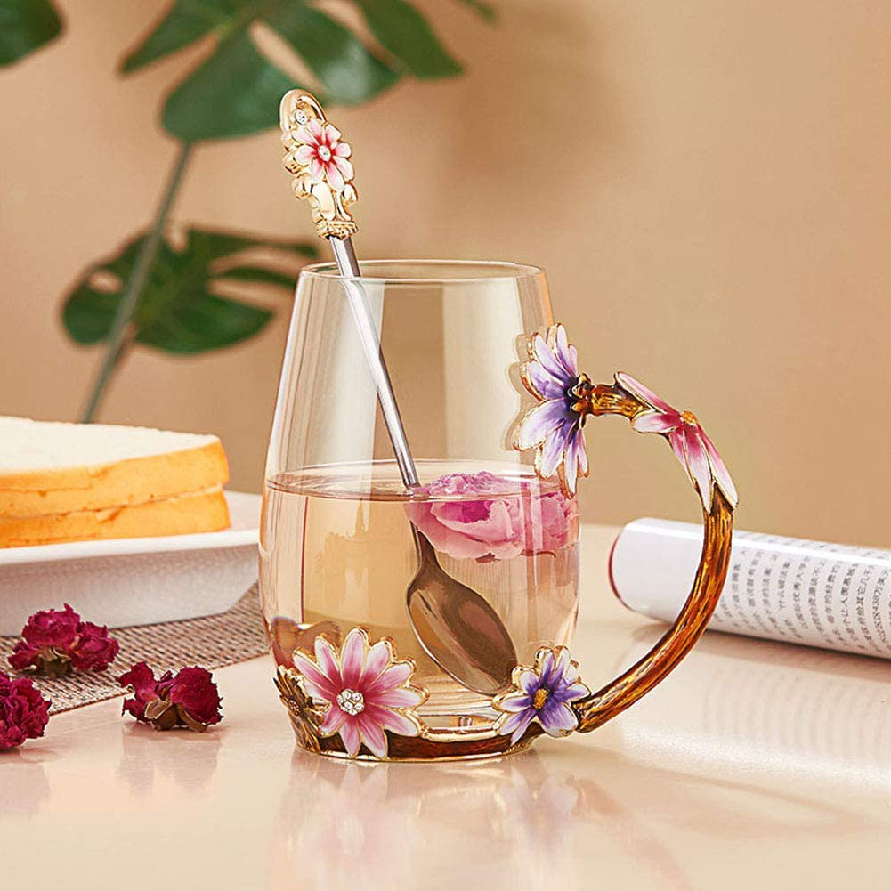 Luka Tech Enamels Butterfly flower Lead-free Glass Coffee Mugs Tea Cup with Steel Spoon, Best Birthday Gifts For Women Wife Mom Friends Mothers Valentines Day Christmas (Purple-Tall) Arts & Entertainment > Party & Celebration > Gift Giving Luka Tech   