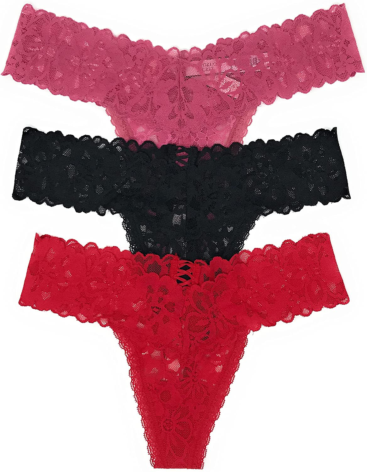 Victoria's Secret The Lacie Thong Panty Set of 3 Apparel & Accessories > Clothing > Underwear & Socks > Underwear Victoria's Secret Rose / Black Cross / Red Cross Small 