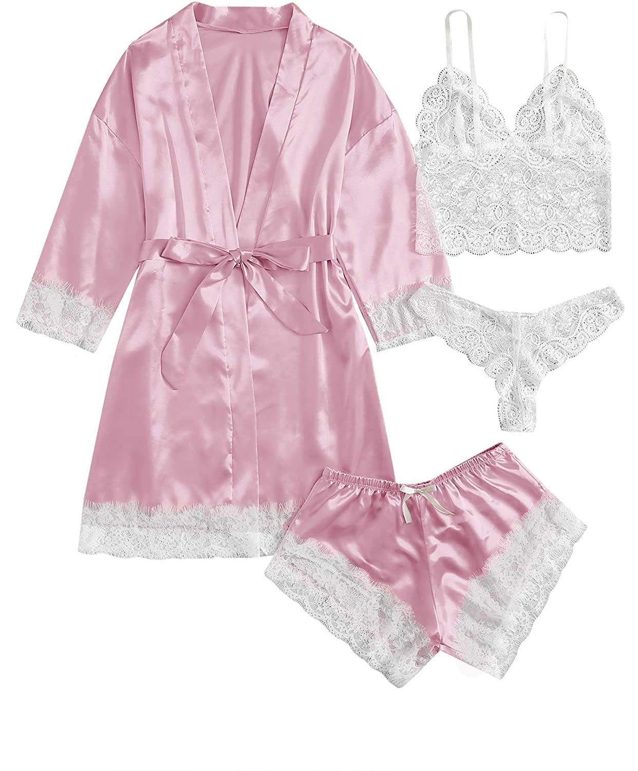 WDIRARA Women'S 4 Pieces Satin Floral Lace Cami Top Lingerie Pajama Set with Robe Apparel & Accessories > Clothing > Underwear & Socks > Lingerie WDIRARA Pink and White Large 