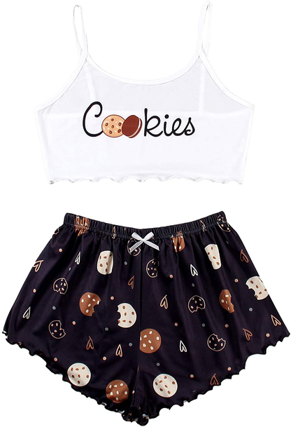 SOLY HUX Women'S Cartoon Print Lettuce Trim Cami Top and Shorts Cute Pajama Set Sleepwear Apparel & Accessories > Clothing > Sleepwear & Loungewear Kylie Max   