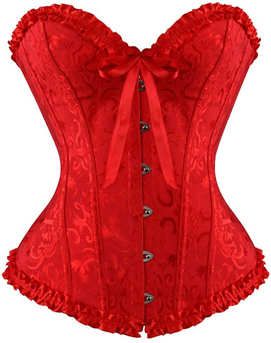 Women'S Lacing Corset Top Satin Floral Boned Overbust Body Shaper Bustier Apparel & Accessories > Clothing > Underwear & Socks > Lingerie SHYMMUO Red 6X-Large 