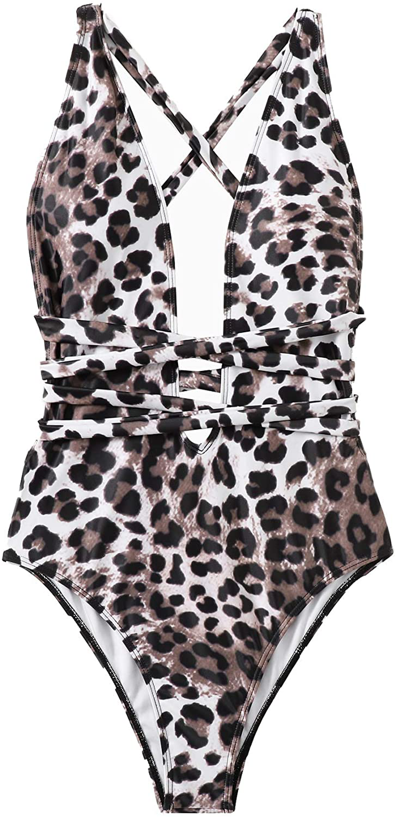 Sweatyrocks Women'S Sexy Bathing Suits Criss Cross Tie Knot Front Deep V Open Back Leopard One Piece Swimwear Apparel & Accessories > Clothing > Swimwear Kylie Max   