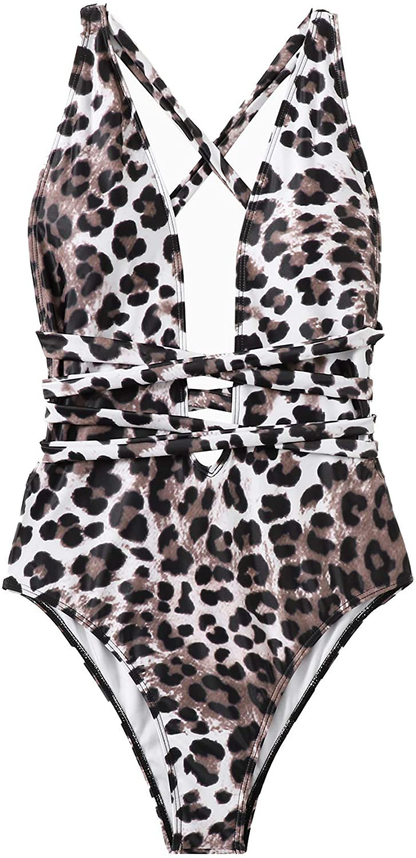 Sweatyrocks Women'S Sexy Bathing Suits Criss Cross Tie Knot Front Deep V Open Back Leopard One Piece Swimwear Apparel & Accessories > Clothing > Swimwear Kylie Max   