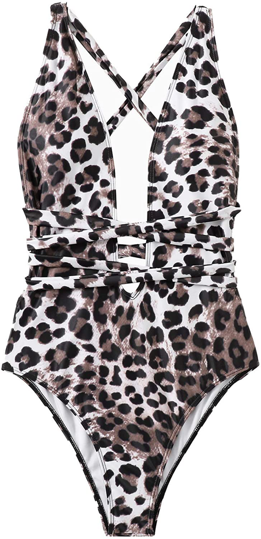 Sweatyrocks Women'S Sexy Bathing Suits Criss Cross Tie Knot Front Deep V Open Back Leopard One Piece Swimwear Apparel & Accessories > Clothing > Swimwear Kylie Max   