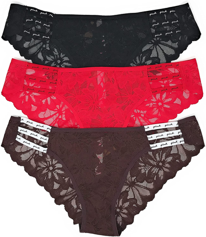 Victoria'S Secret Pink Cheekster Panty Set of 3  Victoria's Secret Strappy Lace Black / Red / Burnt Umber X-Large 