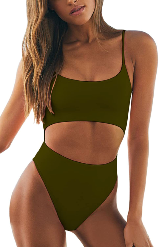 Meyeeka Womens Scoop Neck Cut Out Front Lace up Back High Cut Monokini One Piece Swimsuit Apparel & Accessories > Clothing > Swimwear Kylie Max   