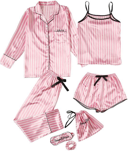 DIDK Women'S Satin 7Pcs Pajama Set Cami Pjs with Shirt and Eye Mask Sleepwear Apparel & Accessories > Clothing > Sleepwear & Loungewear Kylie Max   