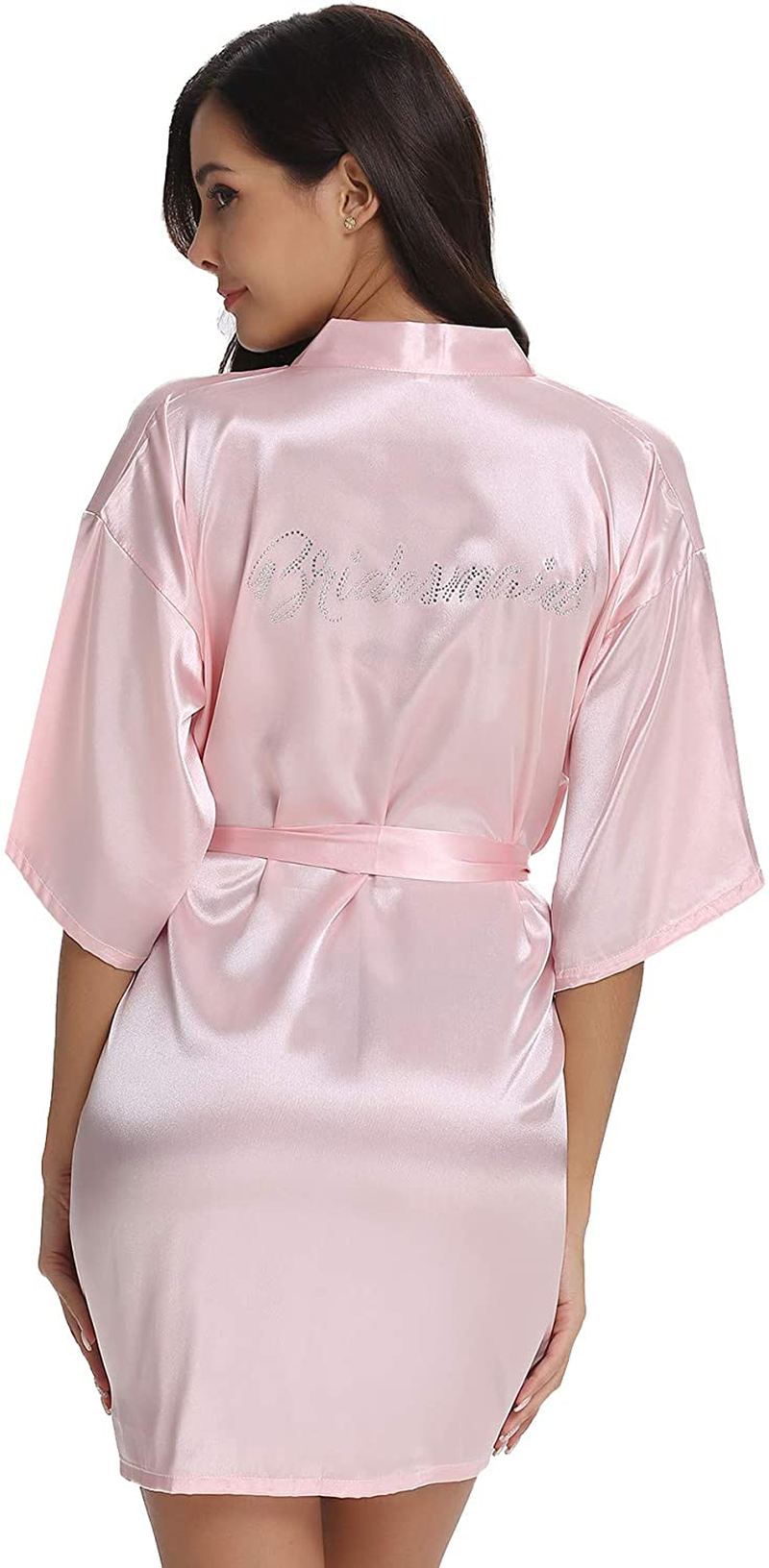 Vlazom Women'S Satin Robe Short Kimono for Bride & Bridesmaid Wedding Party Robes with Gold Glitter or Rhinestones Apparel & Accessories > Clothing > Sleepwear & Loungewear > Robes KYLIE MAX Pink for Bridesmaid（back in Rhinestones） Small 