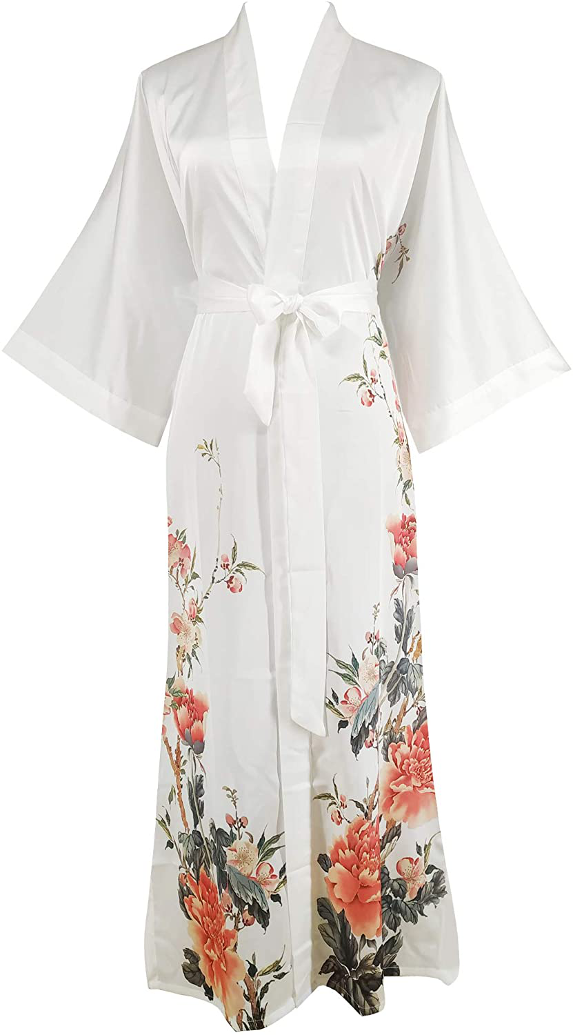 Ledamon Women'S Kimono Robe Long - Classic Pocket Floral Bathrobe Nightgown Apparel & Accessories > Clothing > Sleepwear & Loungewear > Robes Ledamon White  