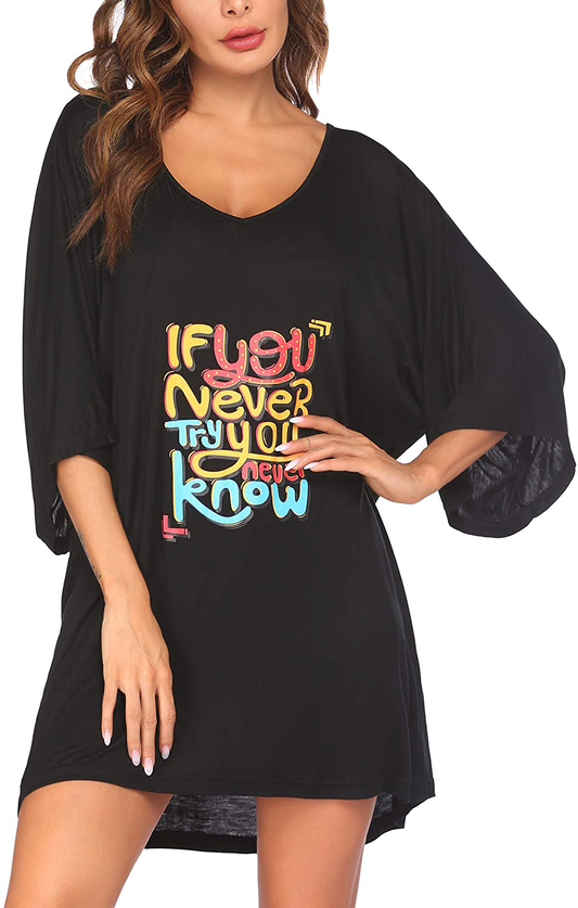 Ekouaer Women'S Sleepshirt Deep V Neck Nightgown Batwing Nightshirt Oversized Sleepwear Loungewear plus Size Apparel & Accessories > Clothing > Sleepwear & Loungewear > Nightgowns Kylie Max   