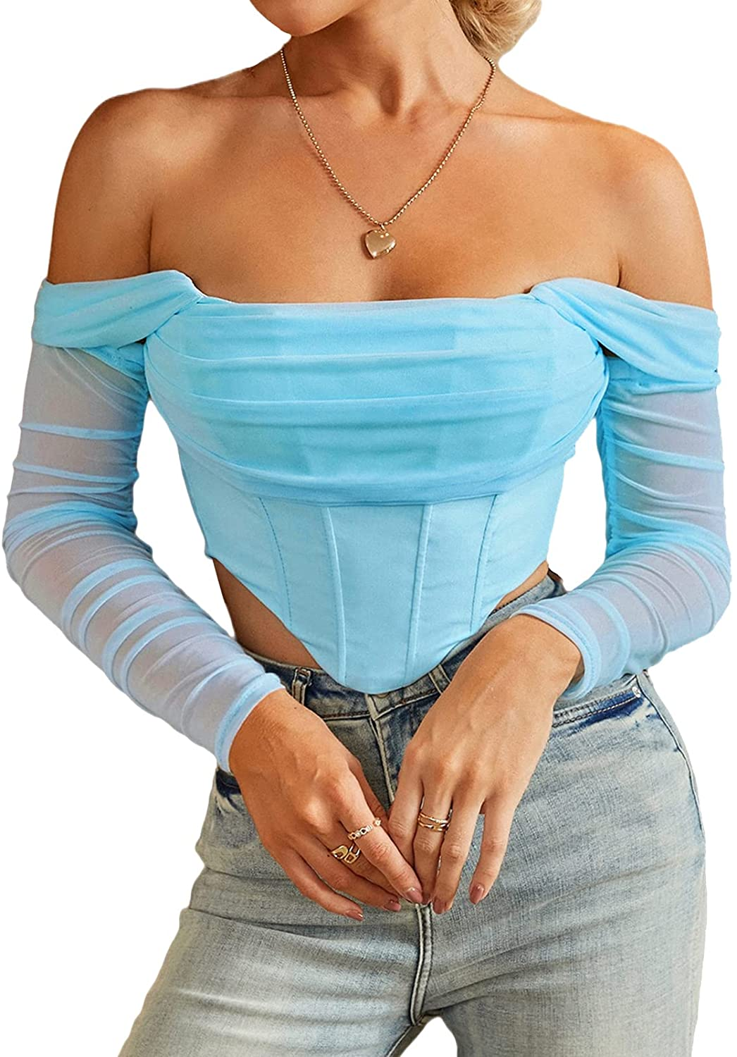 Mesh Sheer Long Sleeve Corset Crop Top Ruched off Shoulder Blouse Push up Party Boned Bustier for Cute Women Trendy Apparel & Accessories > Clothing > Underwear & Socks > Lingerie Parthea Blue 2-4 